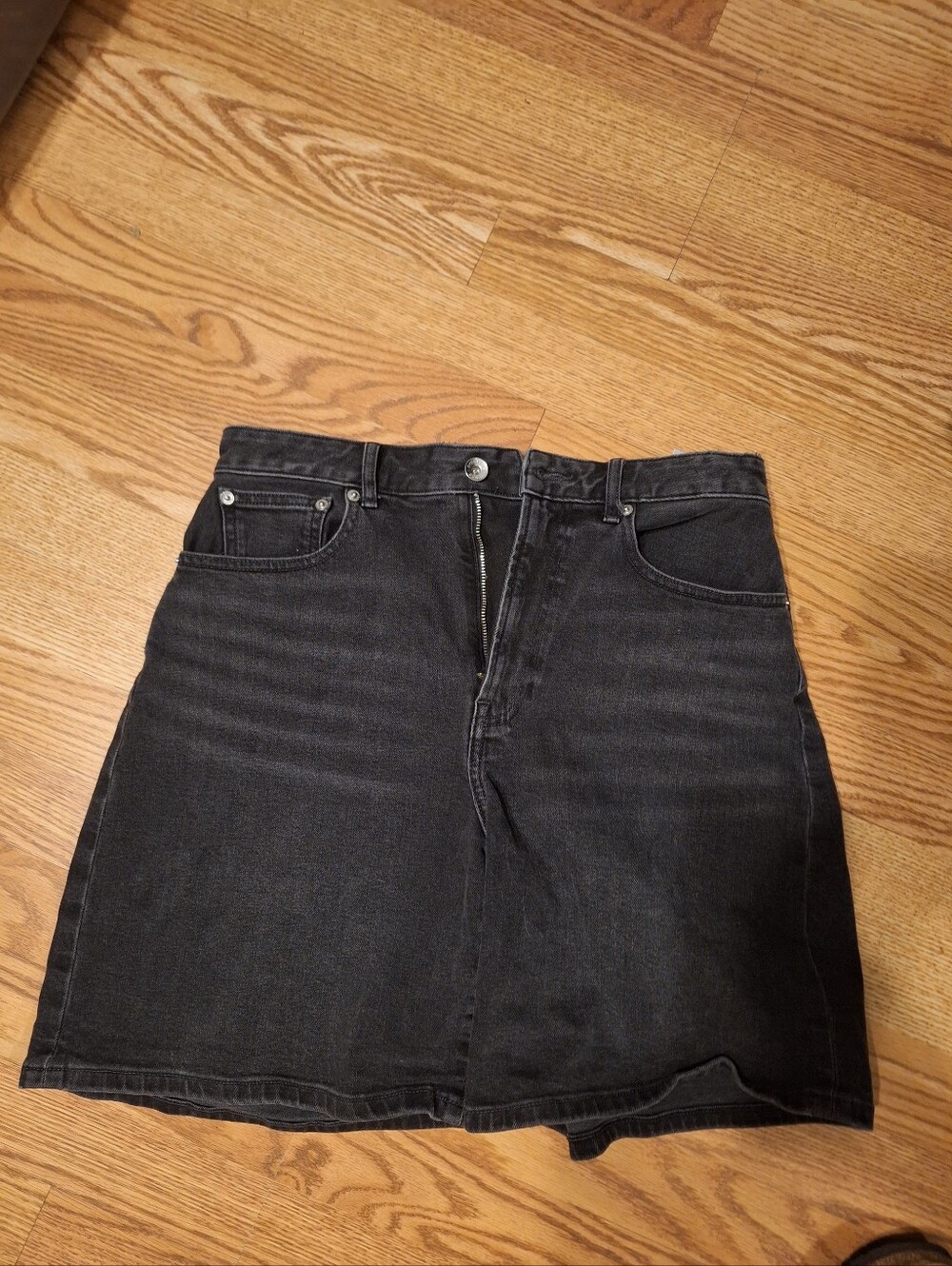 everlane denim long a line shorts